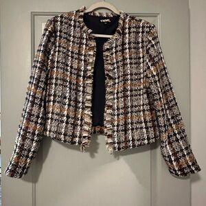 THML Cropped Fringe Tweed Blazer in Cream, Brown & Black